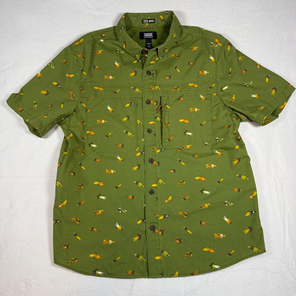 Alaskan Hardgear Duluth Trading Fly‎ Fishing Shirt Large Green Short Sleeve AOP